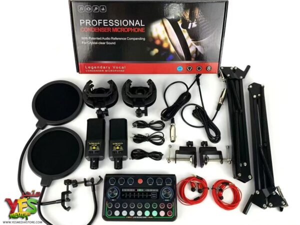 متجر يس ميديا 770999496 طقم معدات بودكاست احترافي متكامل لشخصين كرت صوت P99 واثنين مايكات نوع LGT240