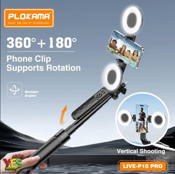عصا سيلفي مع اضاءتين Plokama P10 PRO مع حامل ثلاثي القوائم - 180 سم