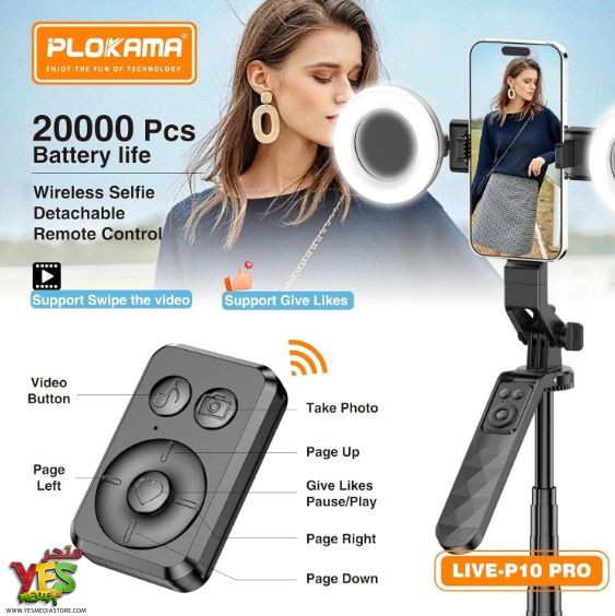 عصا سيلفي مع اضاءتين Plokama P10 PRO مع حامل ثلاثي القوائم - 180 سم