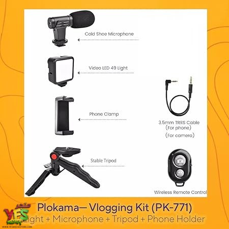 حامل تصوير مع ميكروفون احترافي وإضاءة LED وريموت plokama pk-771