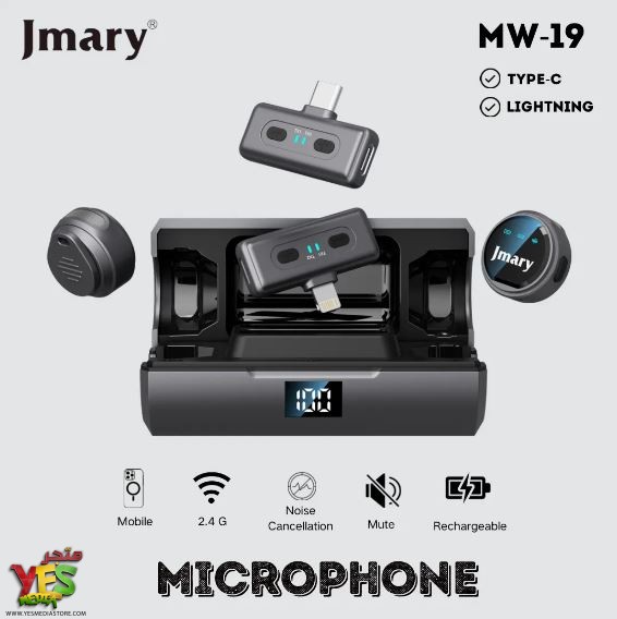 متجر يس ميديا 770999496 ميكروفون لاسلكي مزدوج وكالة جماري Jmary MW-19 ( تايب سي + آيفون )