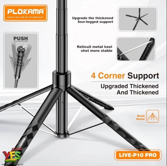 عصا سيلفي مع اضاءتين Plokama P10 PRO مع حامل ثلاثي القوائم - 180 سم