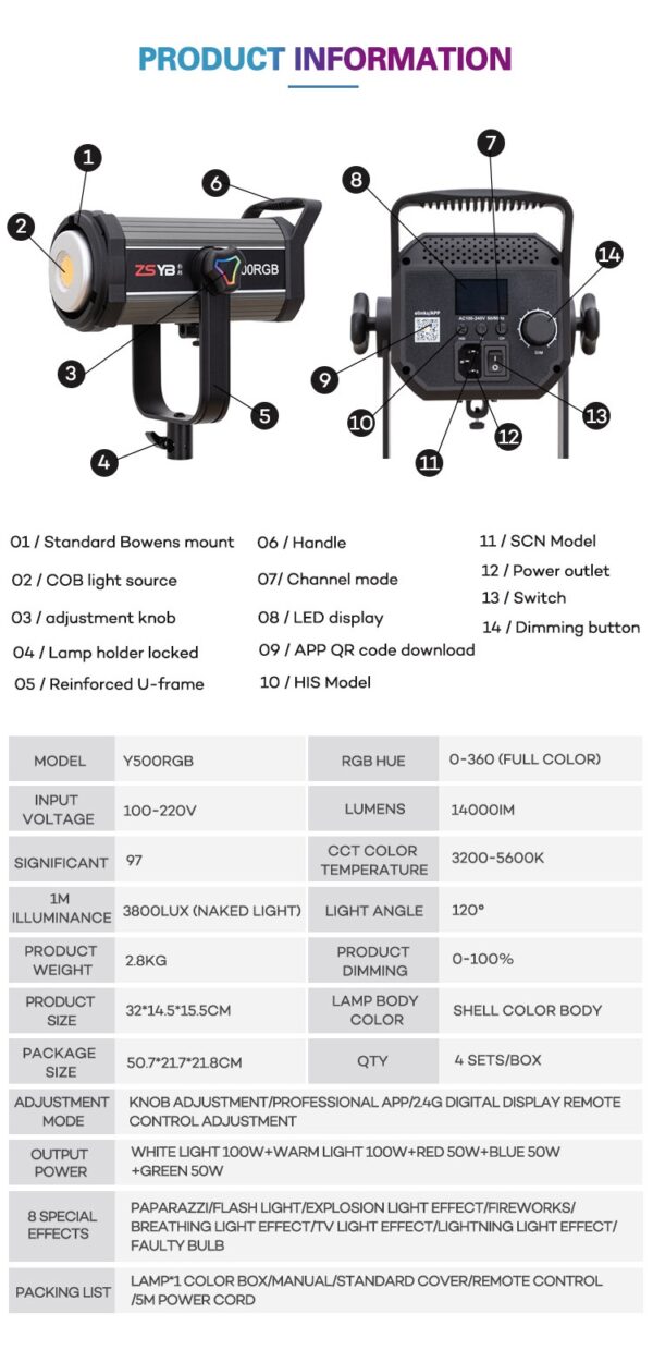 إضاءة تصوير احترافية ملونة ZSYB 500 RGB COB LED (150 واط)