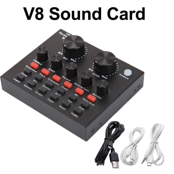 كرت صوت منفرد V8 للبث المباشر والتسجيل مع تأثيرات صوتية وبلوتوث ومغير للصوت