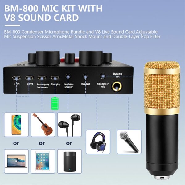 طقم استوديو صوتي متكامل BM-800 مع كرت صوت V8 مع الملحقات
